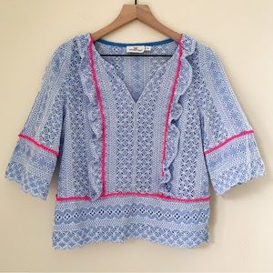 Vineyard Vines Eyelet Pop Trim Top, Size Medium, White, Blue and Pink